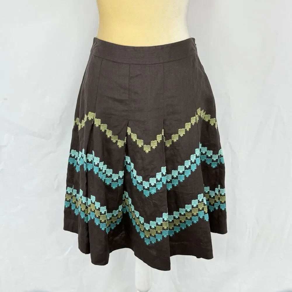 Ann Taylor LOFT Women Brown Linen Pleat Skirt Embroidered Pattern Size 2P Linen